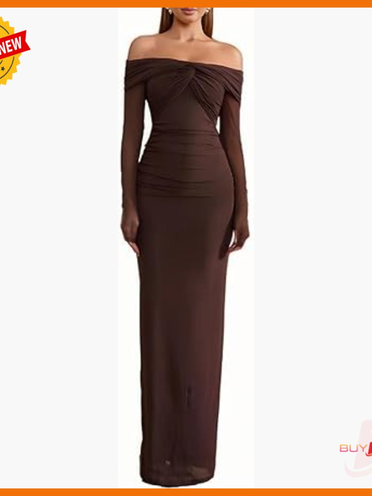 Off Shoulder Long Sleeve Bodycon Maxi Dress Mesh Ruched Formal Party
